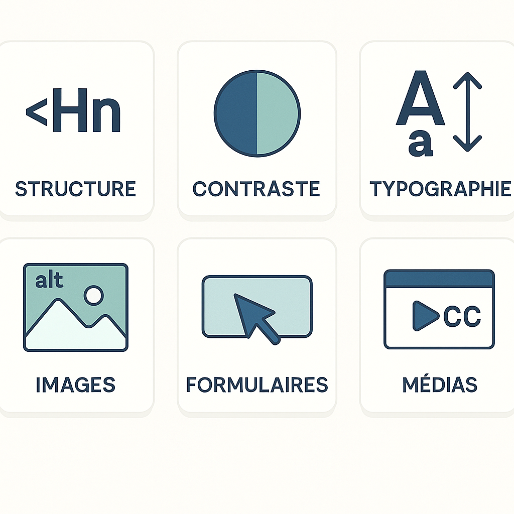 Icônes représentant des concepts de design web : structure, contraste, typographie, images, formulaires et médias.