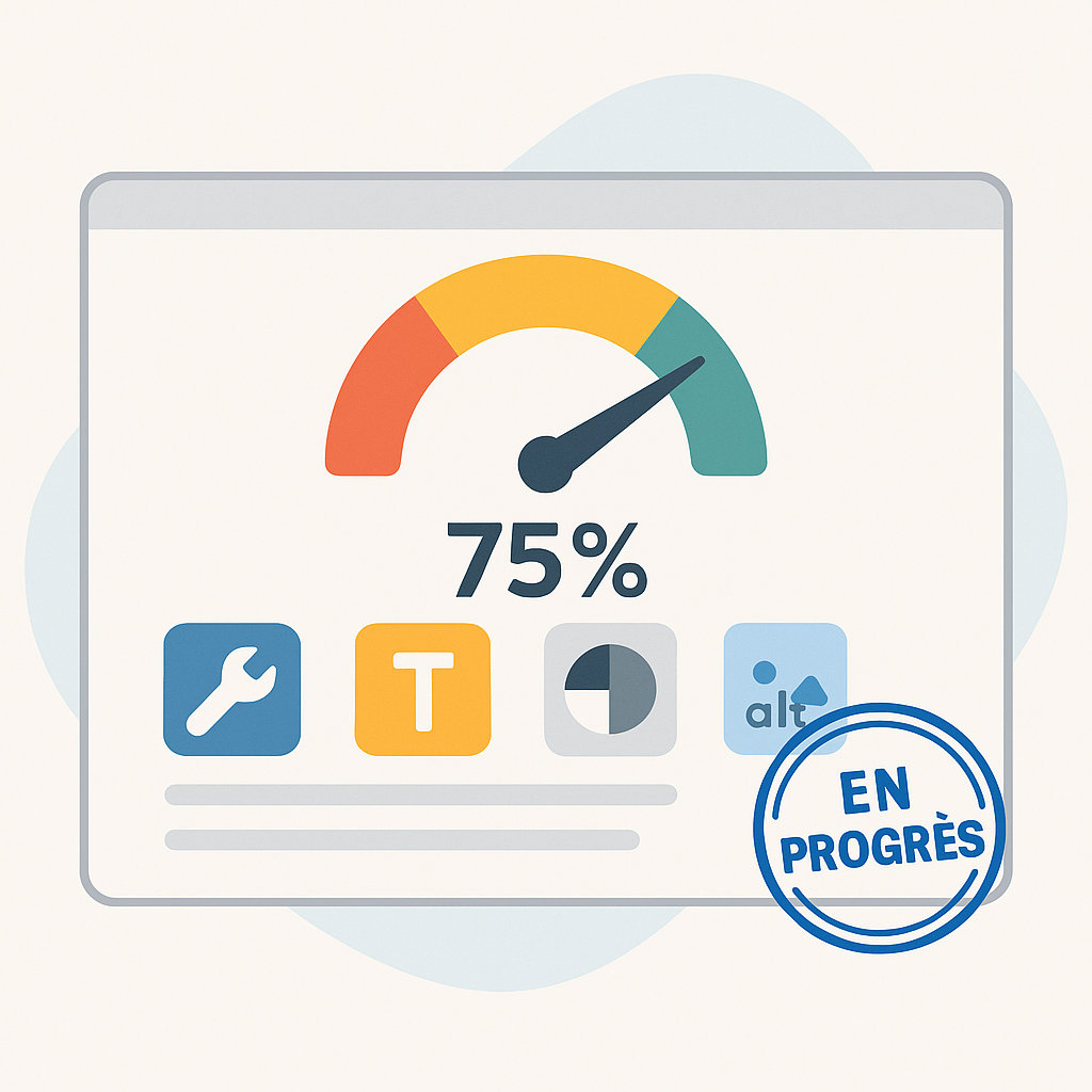 Indicateur d'avancement de l'audit d'accessibilité à 75 %, marqué "En cours". Icons pour outils, texte, et accessibilité.