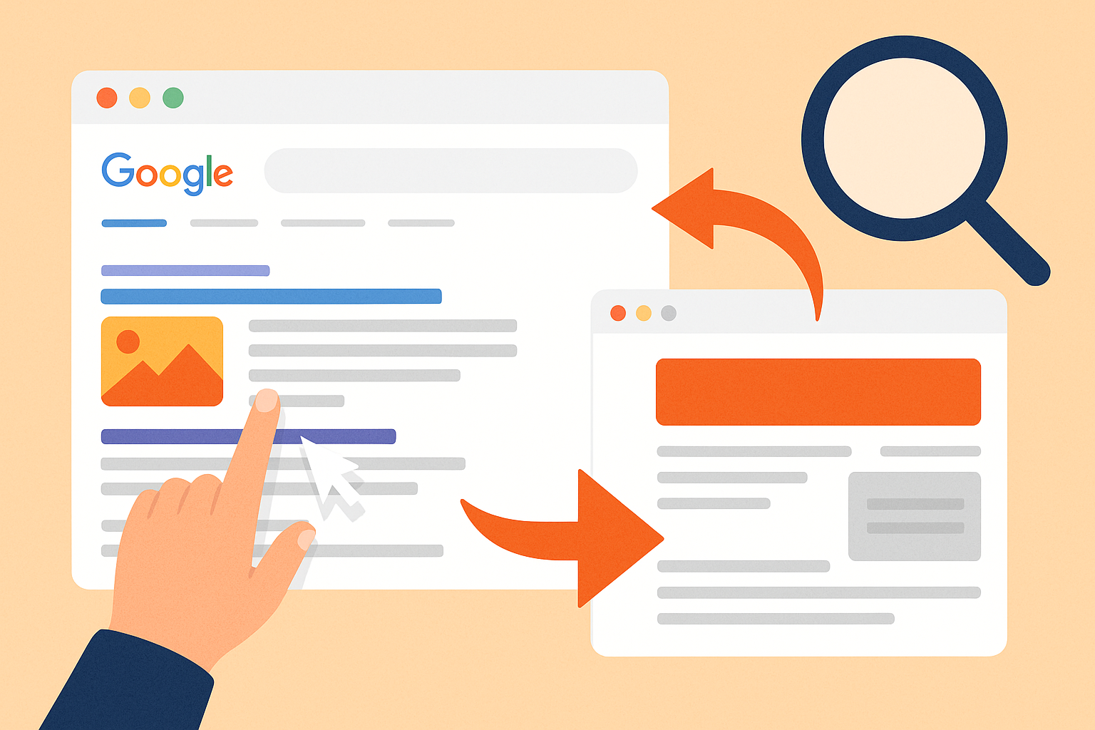 Illustration montrant une recherche Google avec un lien cliqué puis un rebond sur lite cliqué et un retour sur Google.