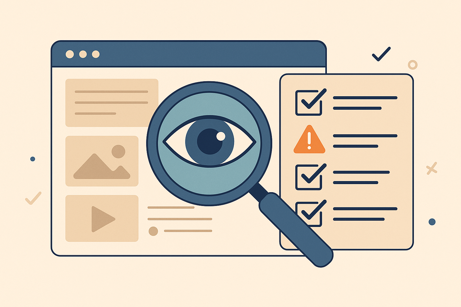 Illustration d'un audit web avec une loupe sur un écran affichant une liste de vérification d'accessibilité et de conformité.