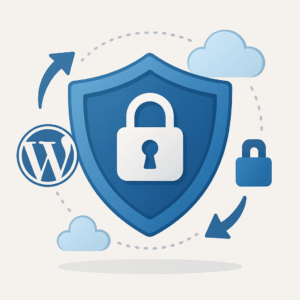 Icône représentant la sécurité WordPress avec un bouclier et un cadenas, symbolisant la protection et la maintenance des sites web.