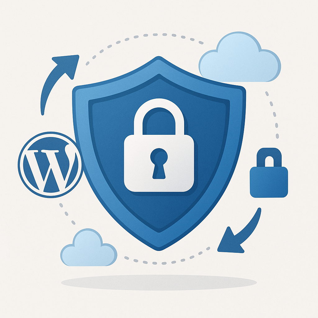 Icône représentant la sécurité WordPress avec un bouclier et un cadenas, symbolisant la protection et la maintenance des sites web.