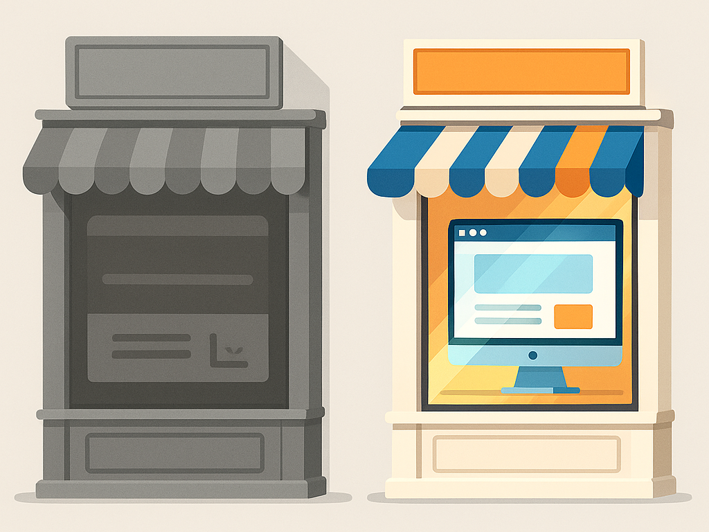 Vitrine de deux magasins, l'un avec un design sombre et l'autre mettant en avant les effets du référencement : La boutique est visible.