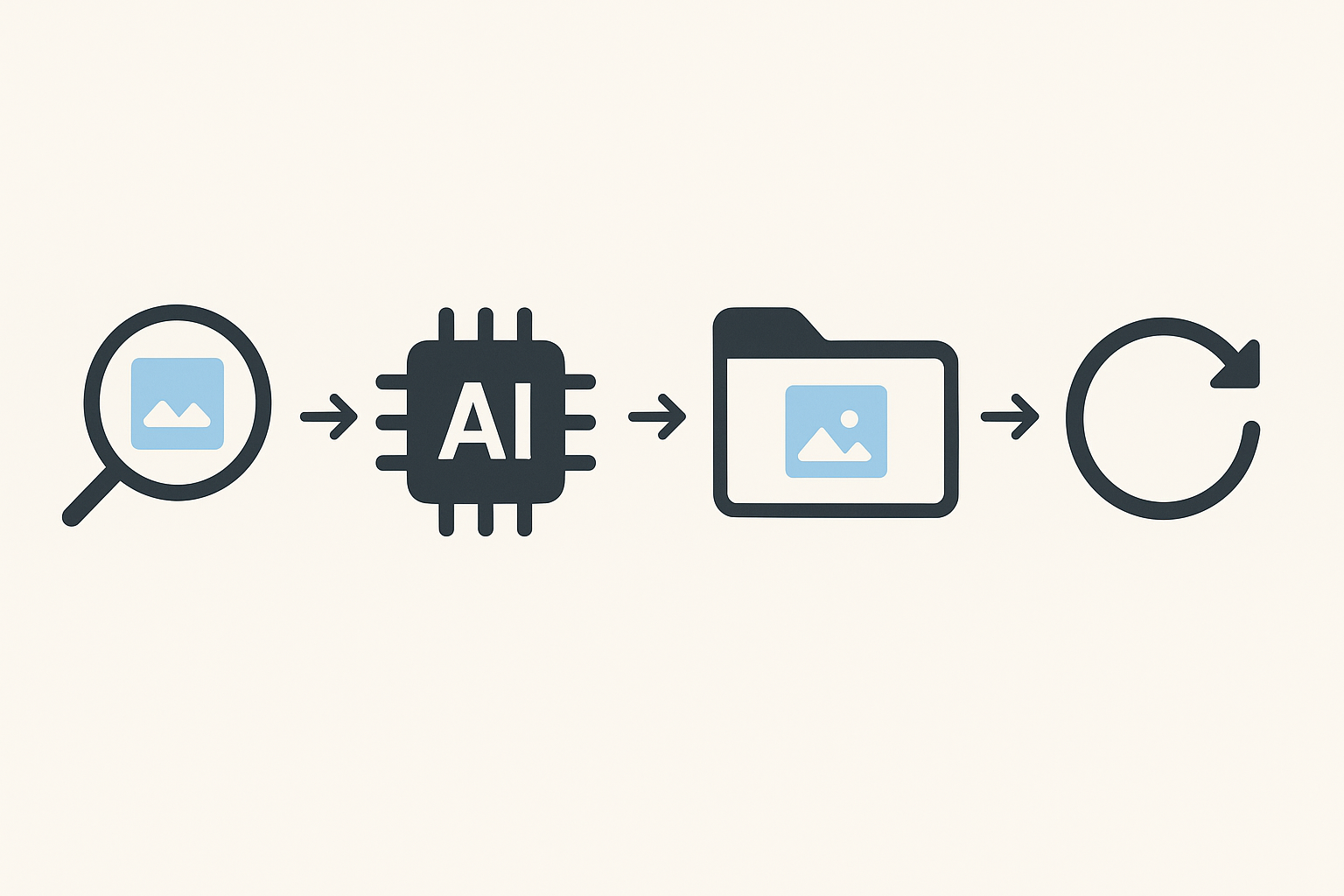 Icônes illustrant un processus d'IA pour générer des balises alt d'images automatiquement.