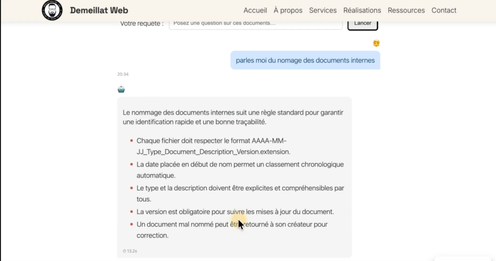 Capture d'écran de la FAQ sur le nommage des documents internes, présentant des règles de format et d'organisation.