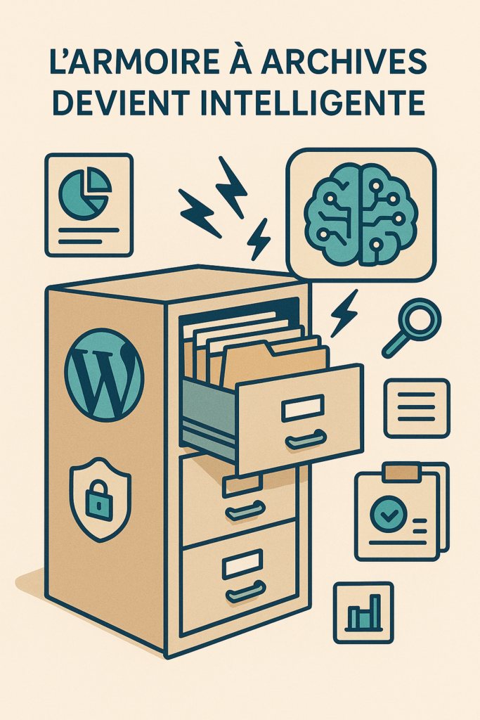 Illustration d'un meuble de rangement avec des éléments symbolisant l'intelligence artificielle et des outils de gestion.