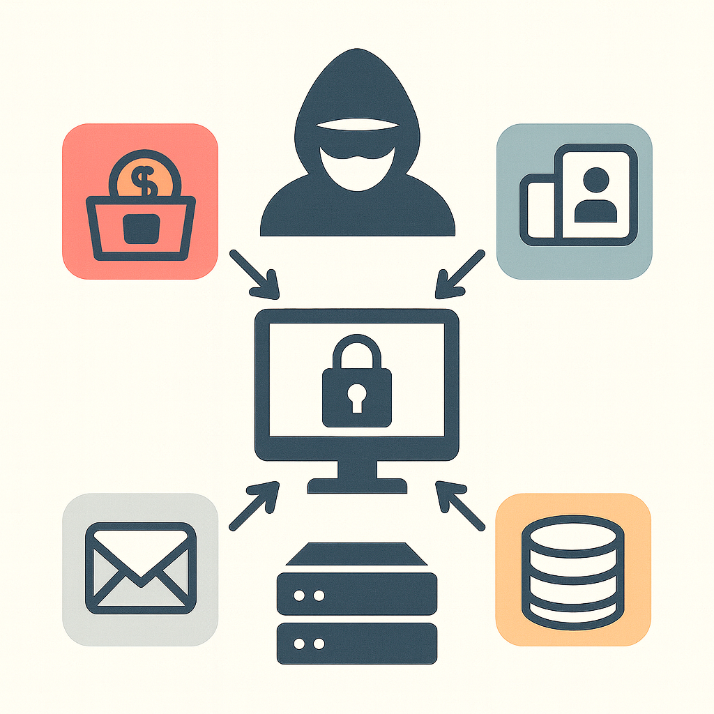 Icônes représentant la cybersécurité : un hacker, des données sécurisées, des e-mails et des réseaux informatiques.