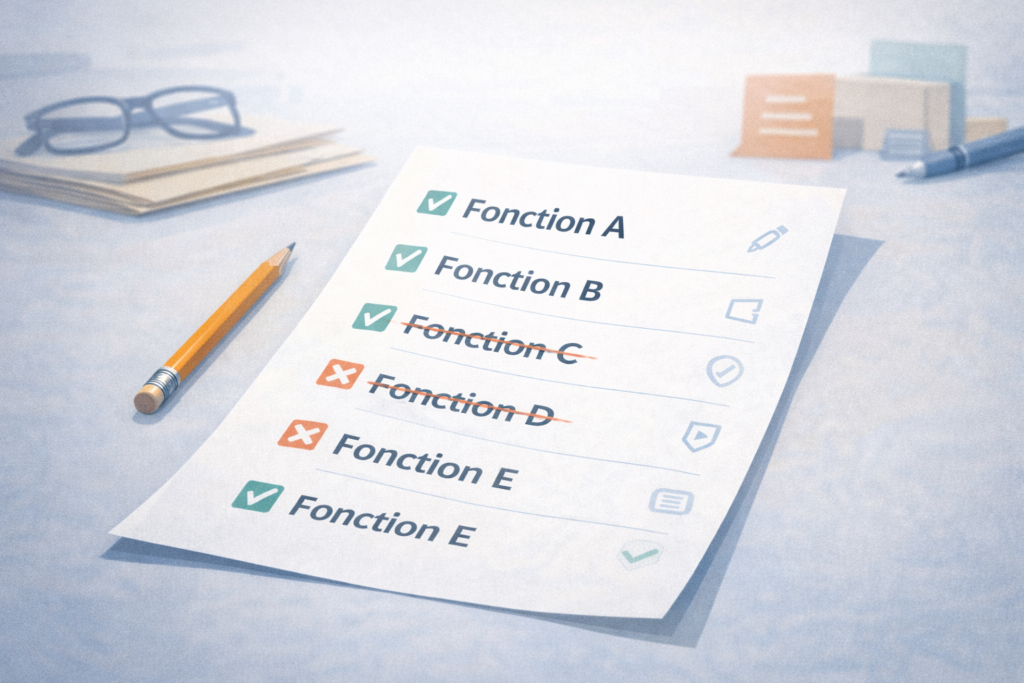 Checklist illustrant les arbitrages d’une agence WordPress entre fonctionnalités utiles et options écartées.