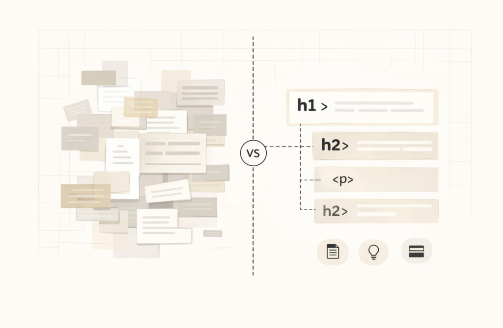 Comparaison visuelle entre un texte désordonné et une structure de balisage HTML organisée.