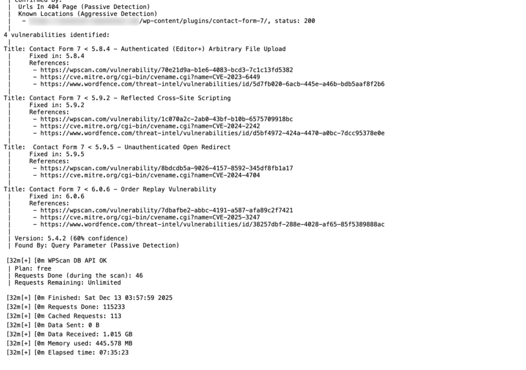 Analyse de sécurité du plugin Contact Form 7, identifiant plusieurs vulnérabilités dans différentes versions du plugin.