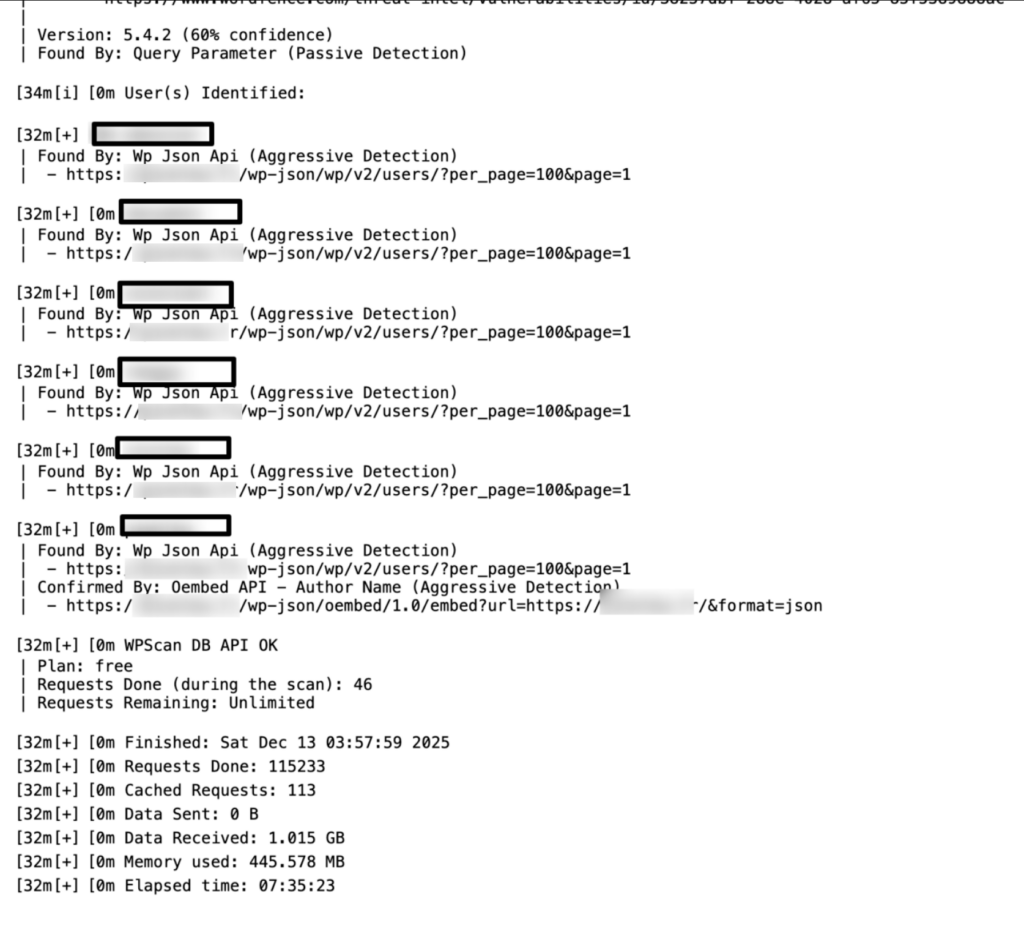 Logs de détection d'API JSON de WordPress, montrant des requêtes et des réponses avec des statistiques de mémoire et d'exécution.