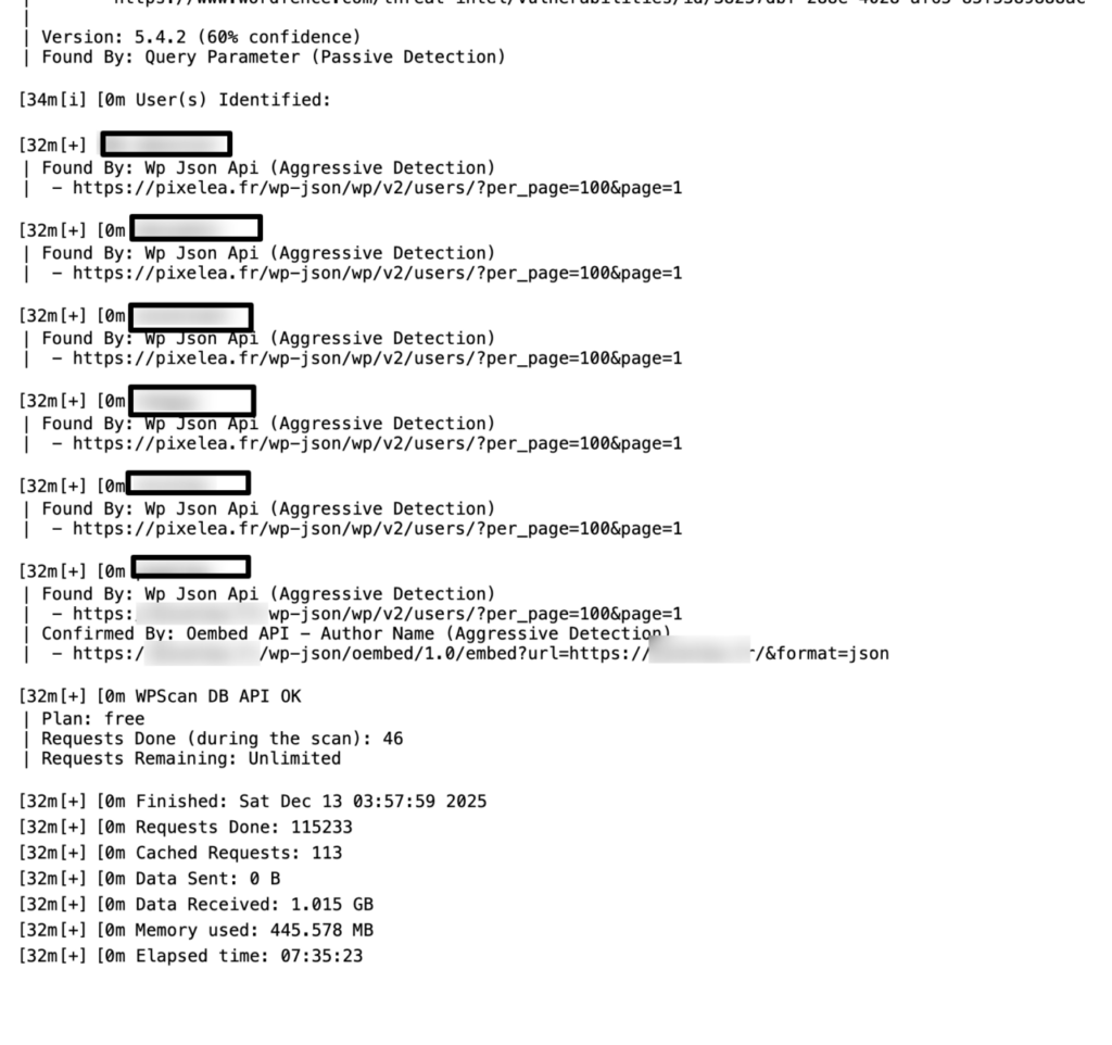 Capture d'écran montrant une analyse de code source incluant des requêtes JSON et des informations sur un projet web.