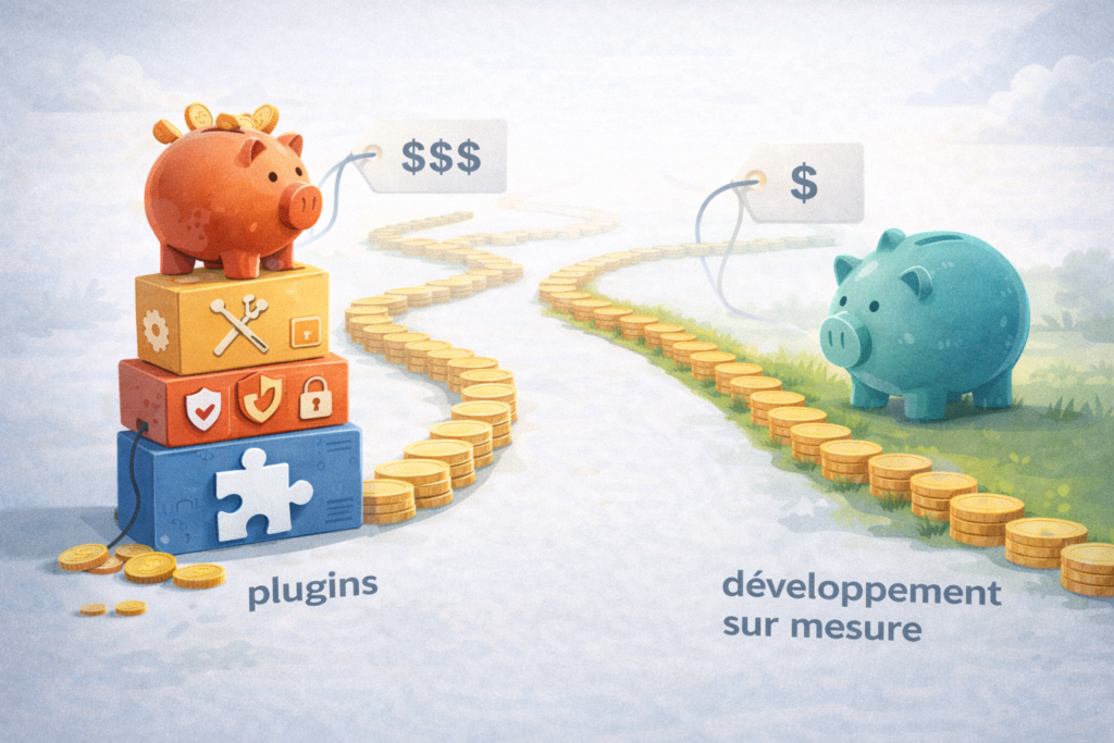 Illustration comparant le coût dans le temps entre l’utilisation de plugins WordPress et le développement sur mesure.