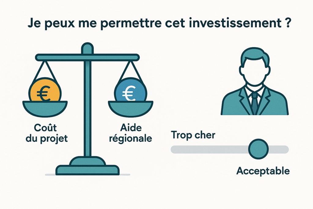 Illustration d'une balance comparant le coût d'un projet à une aide régionale, avec une évaluation de la faisabilité financière.
