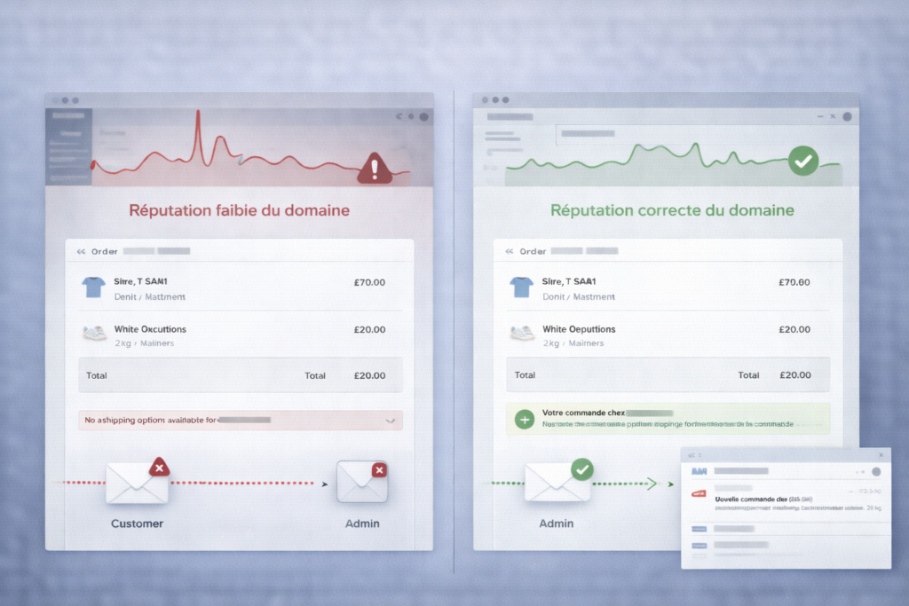 Illustration comparative montrant des emails WooCommerce envoyés mais bloqués en spam, puis correctement délivrés dans la boîte de réception après une configuration email adaptée.