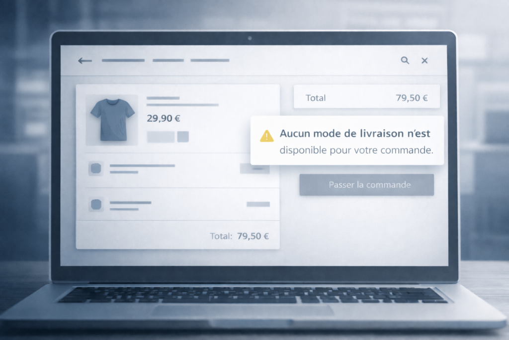 Écran de commande en ligne indiquant qu'aucun mode de livraison n'est disponible pour finaliser l'achat.