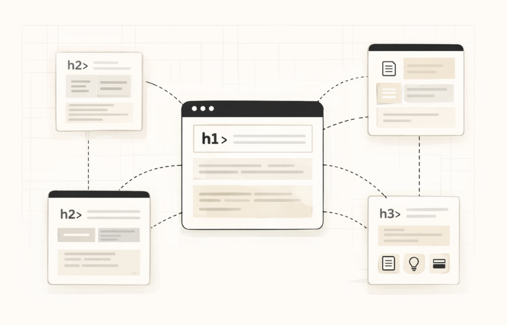 Schéma illustrant la structure d'un site web avec balises HTML h1, h2 et h3 connectées.