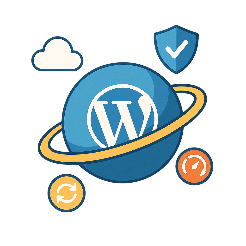 Logo de WordPress entouré d'icônes représentant la sécurité, la performance et des services en ligne.