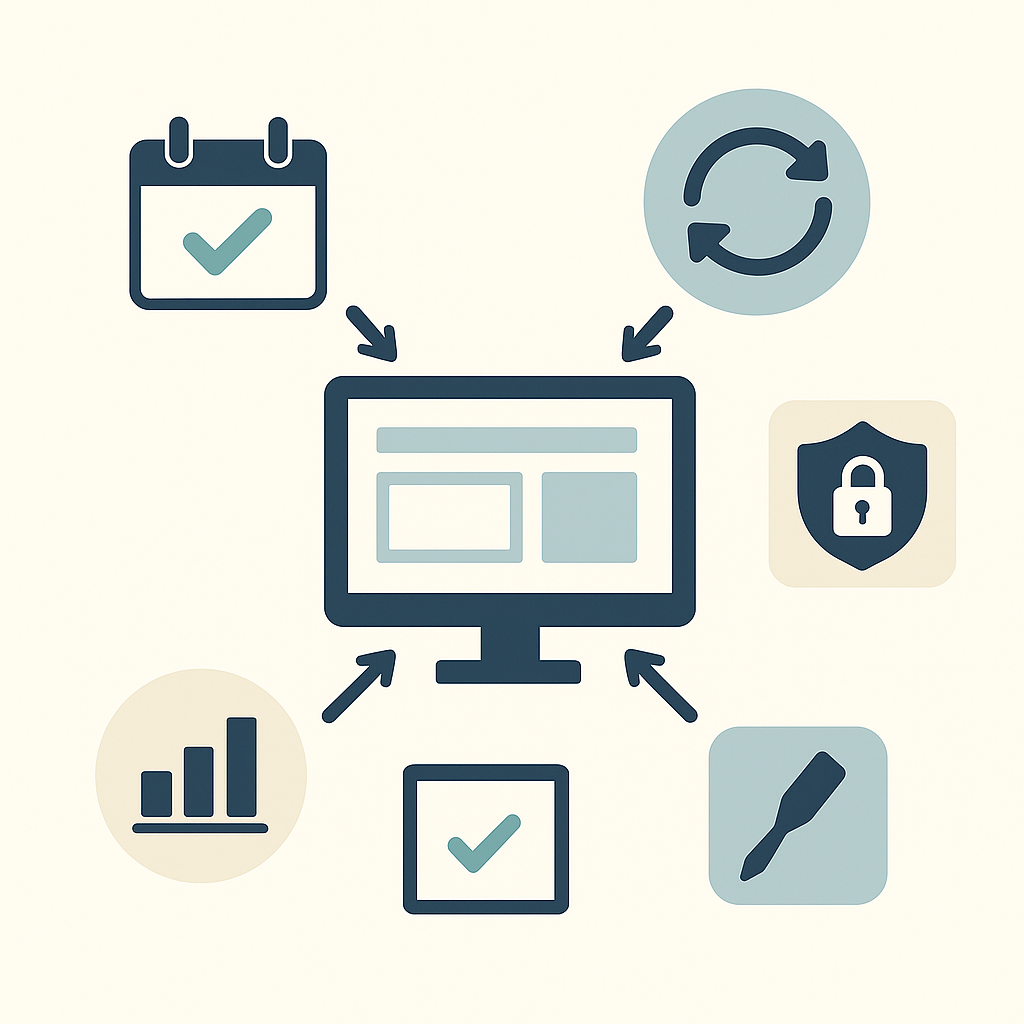 Écran d'ordinateur entouré d'icônes représentant la performance, la sécurité, la planification et l'accessibilité.