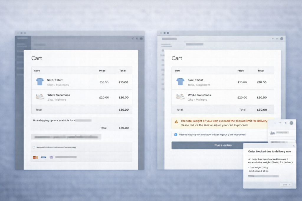 Comparaison de deux situations WooCommerce : à gauche, une commande bloquée sans alerte visible ; à droite, la même situation avec des alertes client et gestionnaire permettant d’identifier le problème avant la perte de la vente.