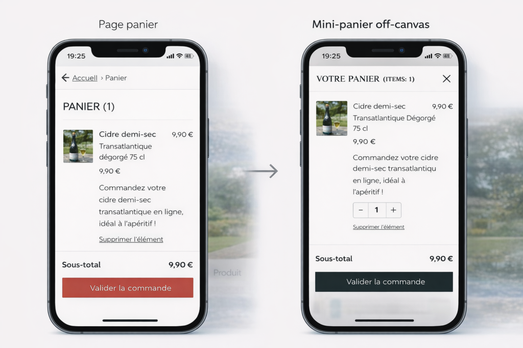 Page panier et mini-panier off-canvas pour un cidre demi-sec à 9,90 €. Options d'achat en ligne.