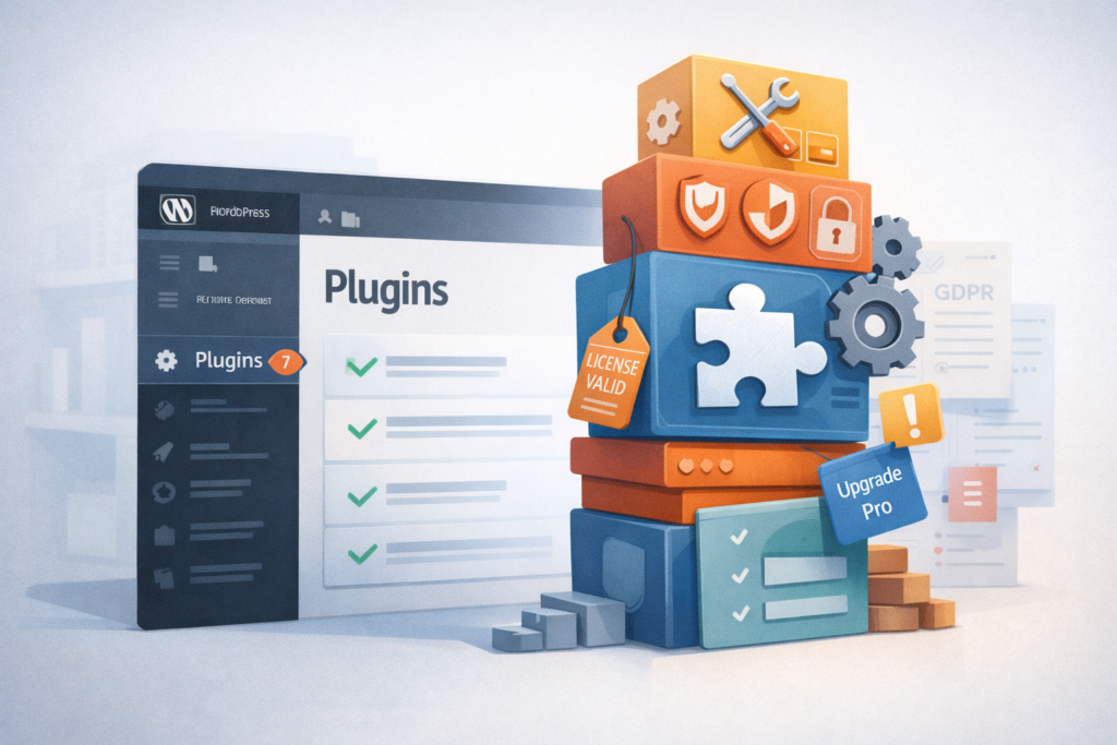 Illustration montrant l’empilement de plugins WordPress et les dépendances associées, avec licences, mises à jour et notifications.