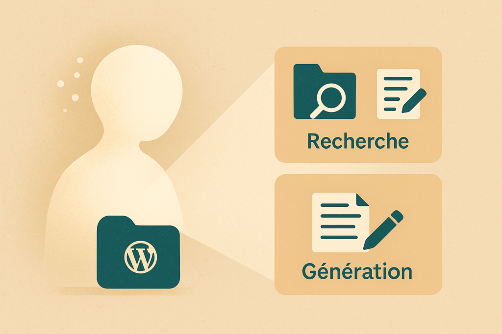 Icône représentant un utilisateur avec des actions de recherche et de génération de contenu liées à WordPress.