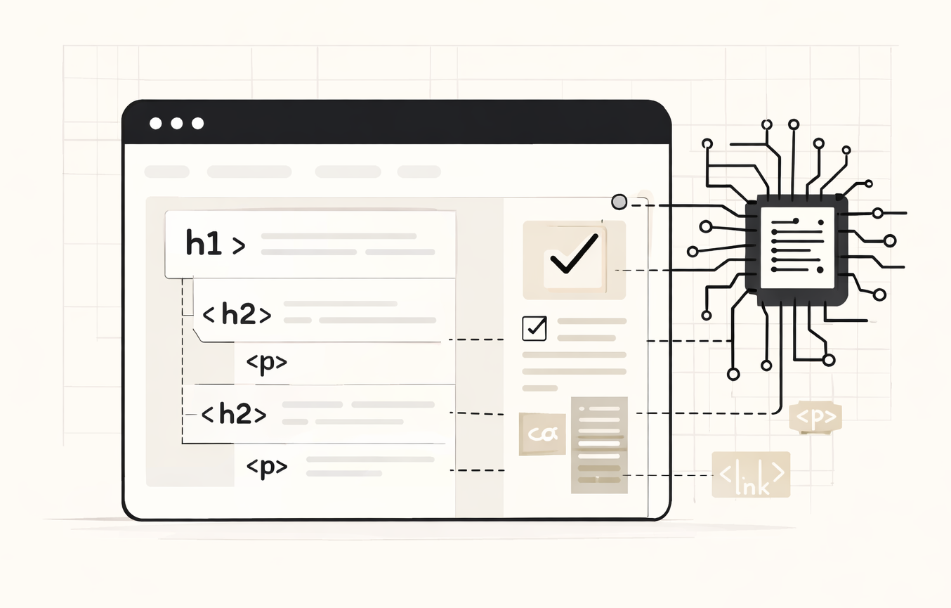 Illustration technique montrant la structure d'une page web avec balises HTML et éléments de design web.