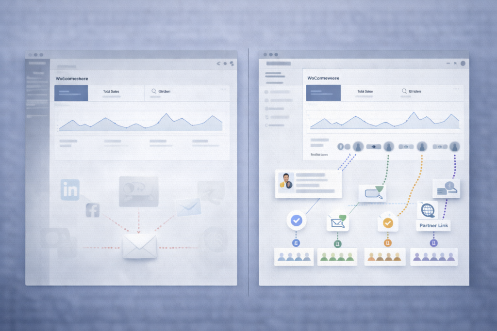 Comparaison visuelle entre une boutique WooCommerce avec des statistiques globales peu exploitables et une boutique pilotée grâce à un suivi statistique reliant les actions marketing aux ventes réelles.