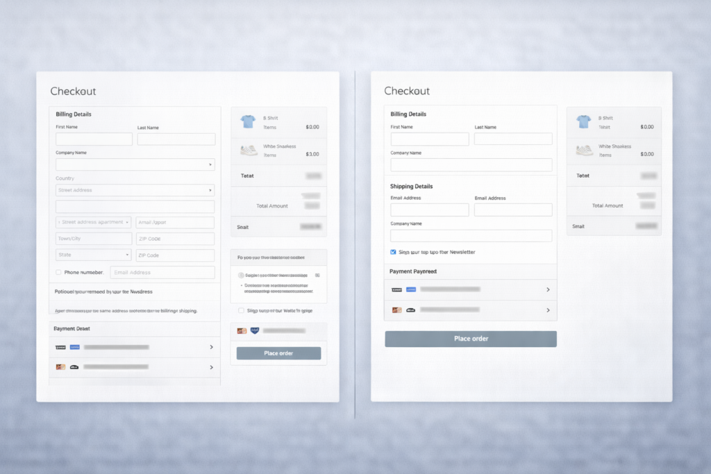 Comparaison de deux tunnels d’achat WooCommerce : à gauche un checkout surchargé avec de nombreux champs visibles, à droite un checkout simplifié et plus lisible.