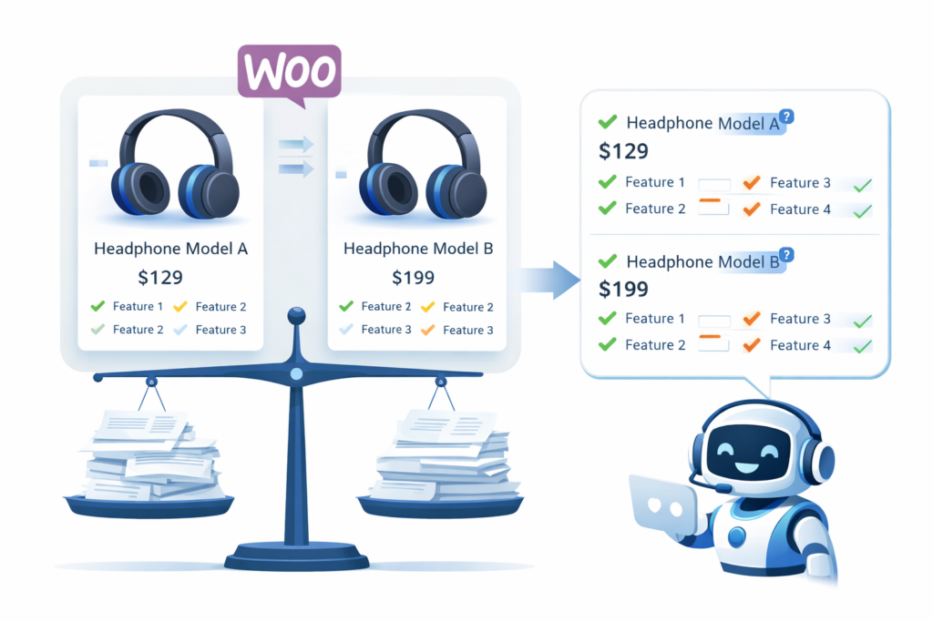Comparaison de deux produits de woocommerce avec prix et caractéristiques, par un chatbot assistant.