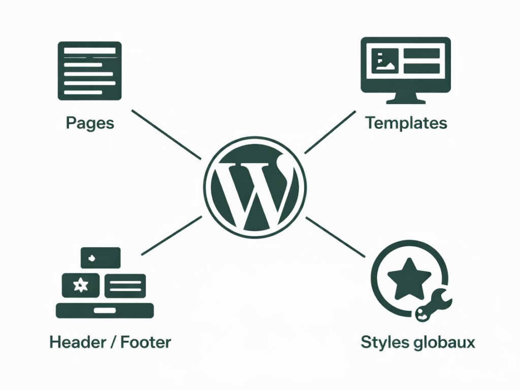 Schéma du Full Site Editing WordPress reliant pages, templates, header/footer et styles globaux.