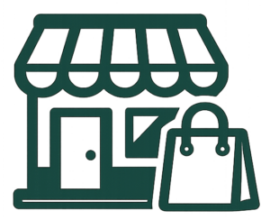 Icône d'une boutique avec un sac de courses, symbolisant le commerce en ligne.