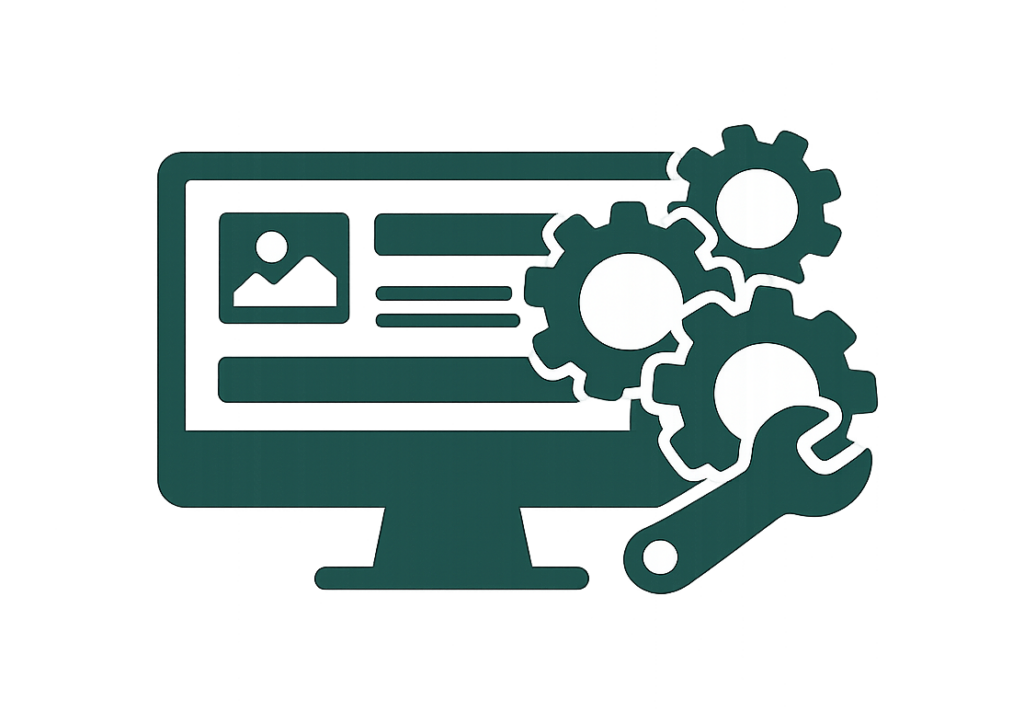 Icône représentant un ordinateur avec des engrenages, symbolisant le développement web et la maintenance technique.
