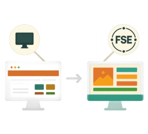 Illustration de la transformation d'un site web vers le modèle FSE, mettant en avant la conception et l'optimisation.