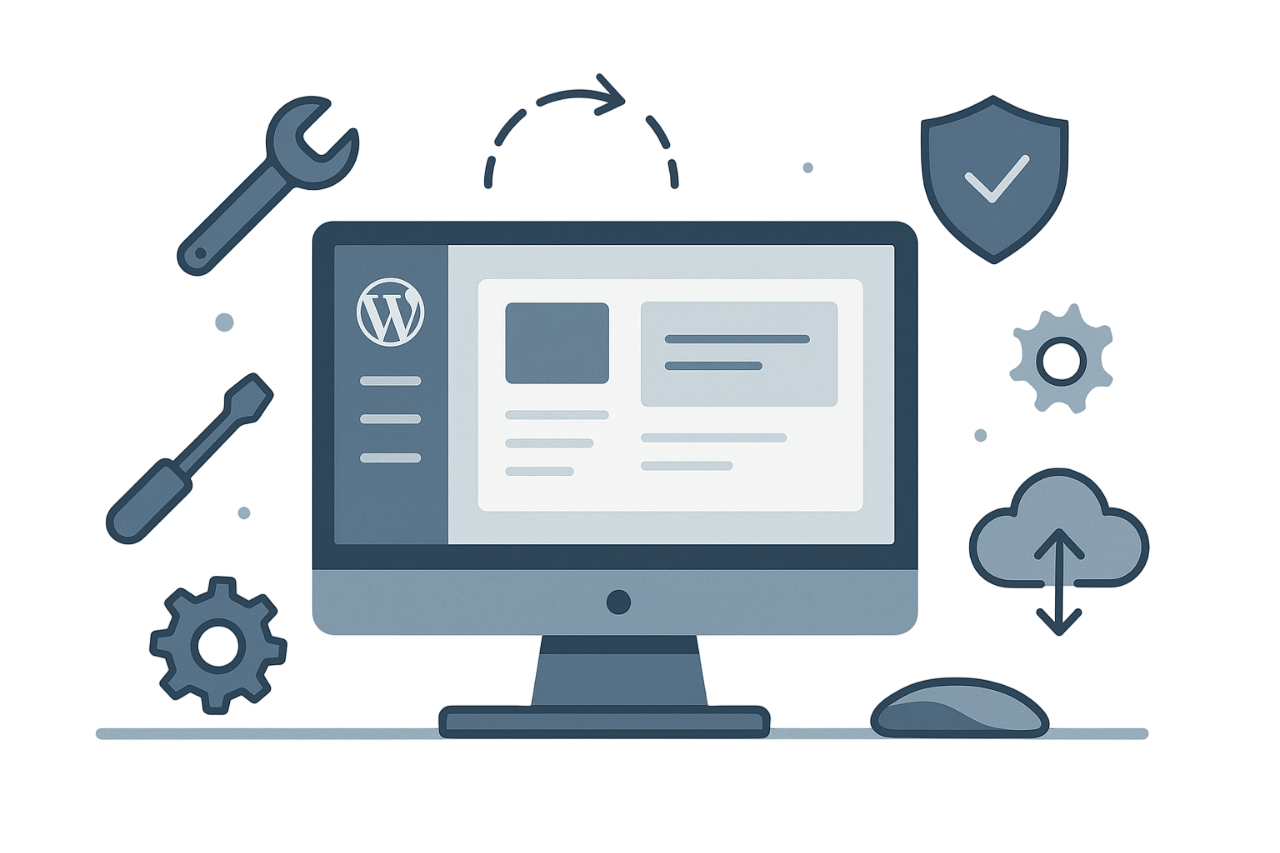 Ordinateur affichant un tableau de bord WordPress, entouré d'outils et d'icônes de sécurité.