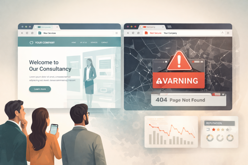 Deux pages web comparées : une accueillante et une erreur 404 avec des alertes de sécurité.