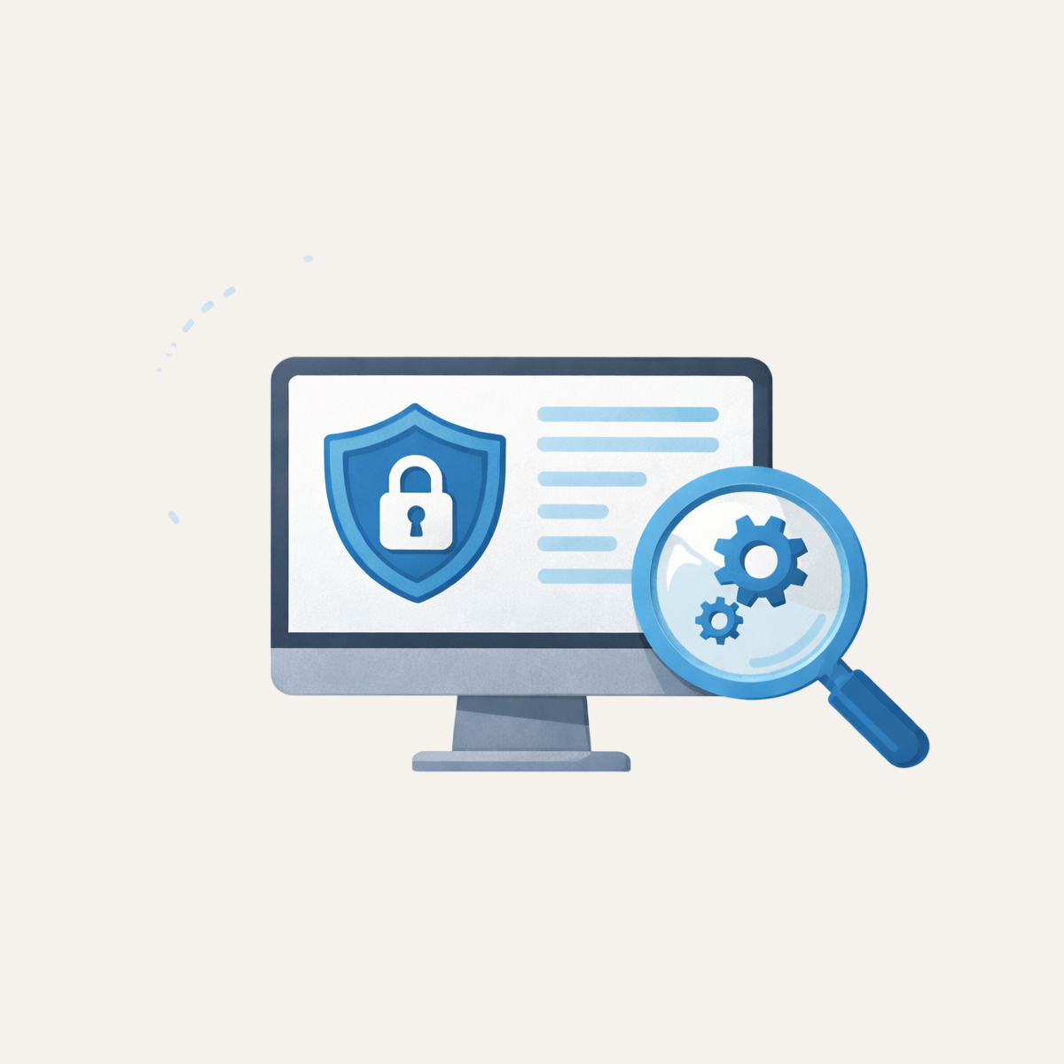 Illustration d'un écran d'ordinateur avec un bouclier de sécurité et une loupe, symbolisant la protection et l'analyse web.