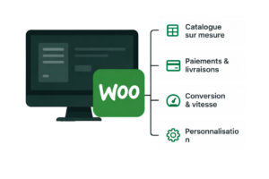 Illustration des fonctionnalités de WooCommerce pour la création de sites e-commerce personnalisés.