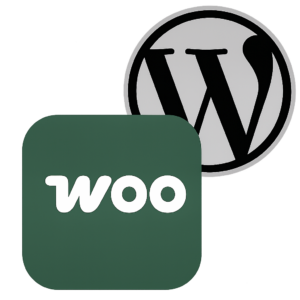 Logos de WordPress et WooCommerce sur fond sombre, symbolisant le développement de sites e-commerce.