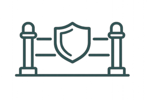 Icône représentant une protection avec un bouclier et des barrières, symbolisant la sécurité et la défense.