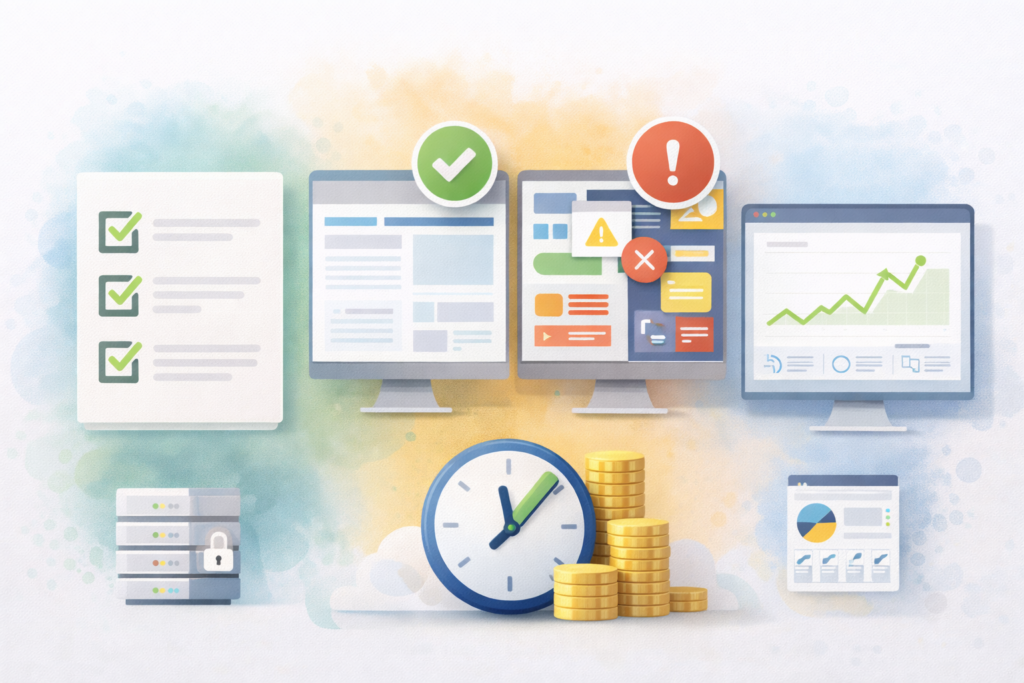 Illustration des bénéfices d’une gestion de sites mutualisée : organisation claire, gain de temps, réduction des coûts et maintenance simplifiée