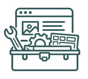 Icône représentant une boîte à outils avec des éléments de conception web, symbolisant les services de développement web freelance.