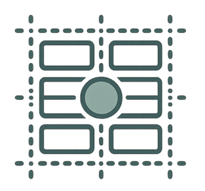 Logo stylisé représentant des blocs disposés en grille, sur fond flou.