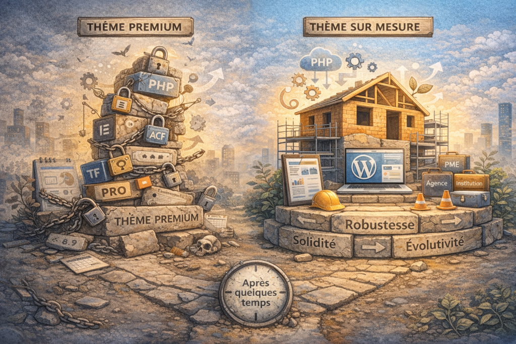 Illustration comparant deux sites WordPress : l’un basé sur un thème premium avec de multiples dépendances, l’autre sur un thème sur mesure avec une structure claire et stable.