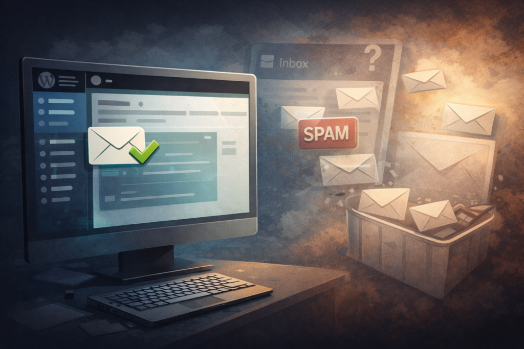 Illustration montrant un email validé côté WordPress mais redirigé vers le spam ou ignoré côté messagerie, illustrant la dégradation silencieuse de la réputation du domaine.