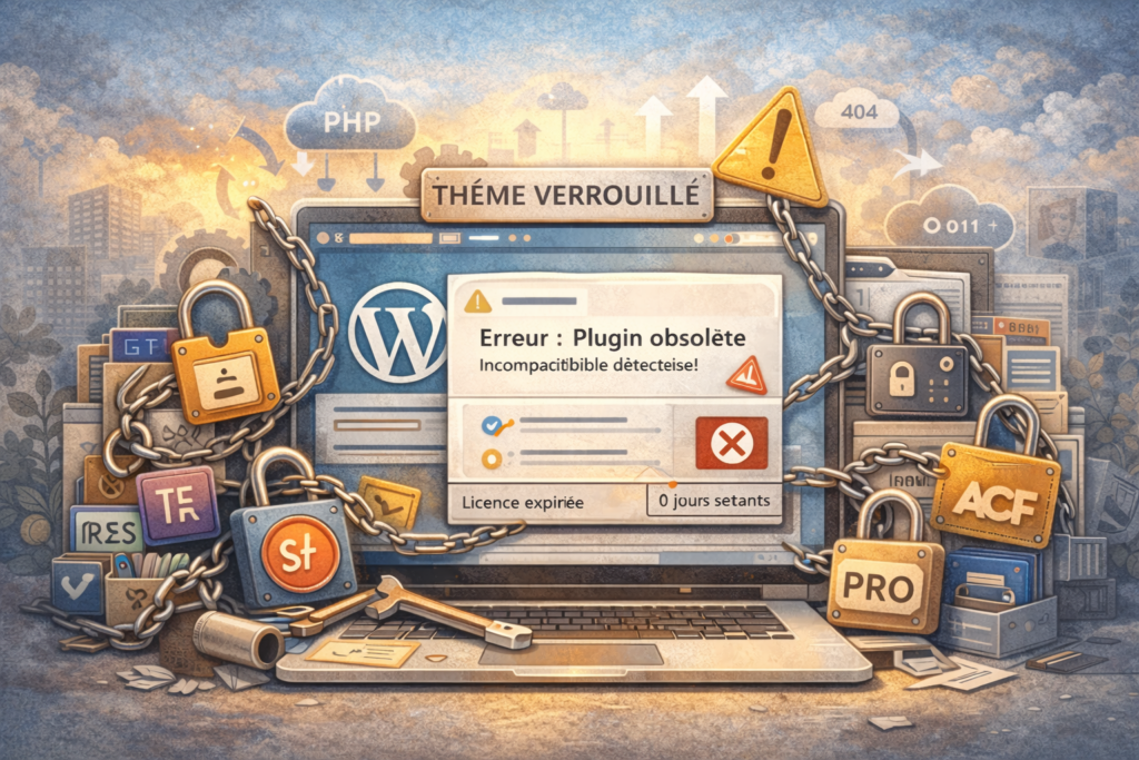 Illustration montrant un site WordPress dépendant de plusieurs plugins, d’un builder et d’un thème, avec des symboles de mises à jour et de compatibilité.