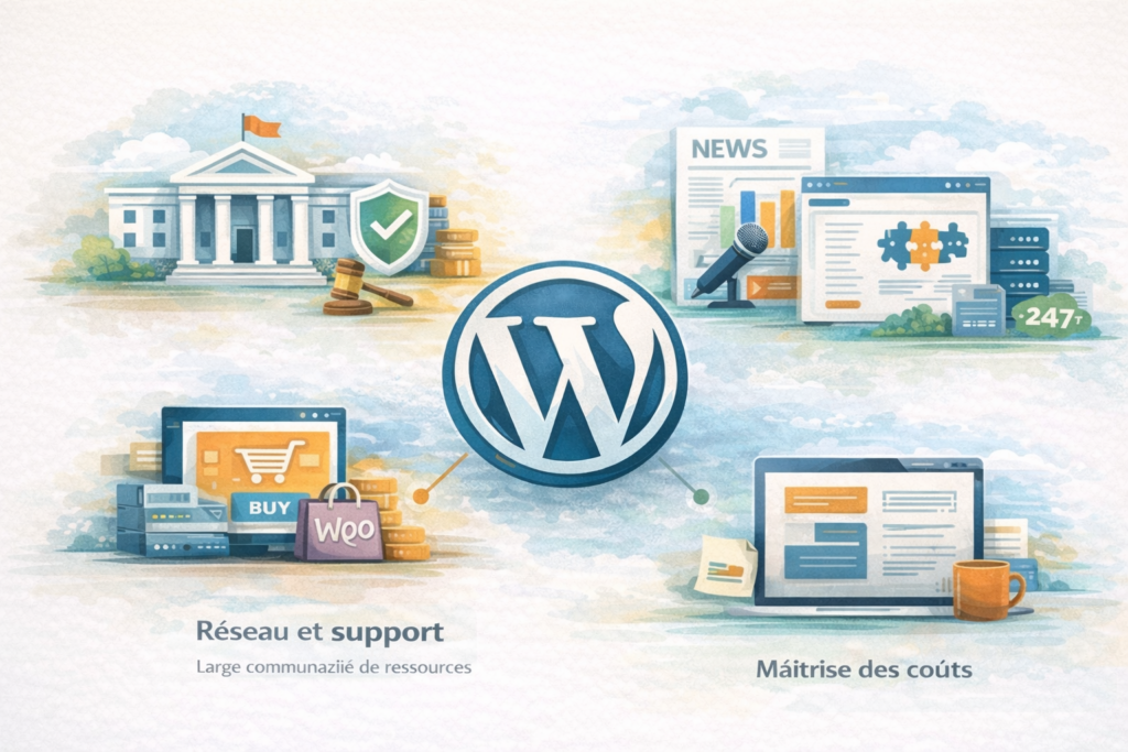 Illustration montrant la diversité des sites web et des usages des CMS, avec WordPress comme socle dominant parmi une grande variété de projets.