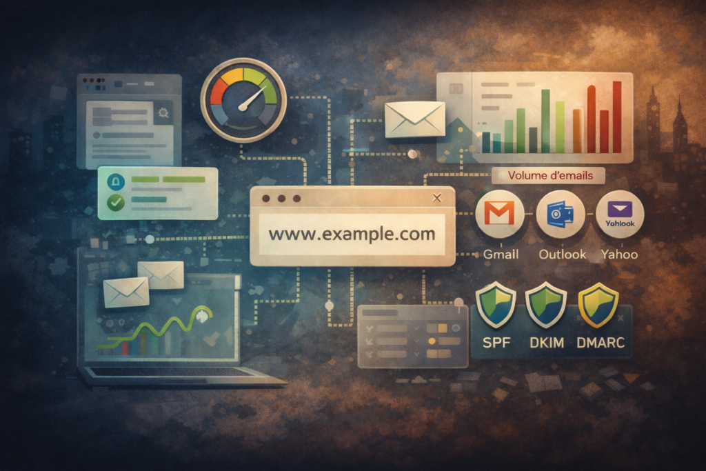 Illustration montrant l’évaluation de la réputation d’un nom de domaine par les services de messagerie comme Gmail, Outlook et Yahoo, à partir du volume d’emails, du comportement d’envoi et des signaux anti-spam.