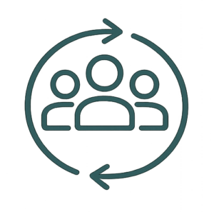Icône stylisée représentant des utilisateurs avec des flèches circulaires, symbolisant l'interaction ou la collaboration.